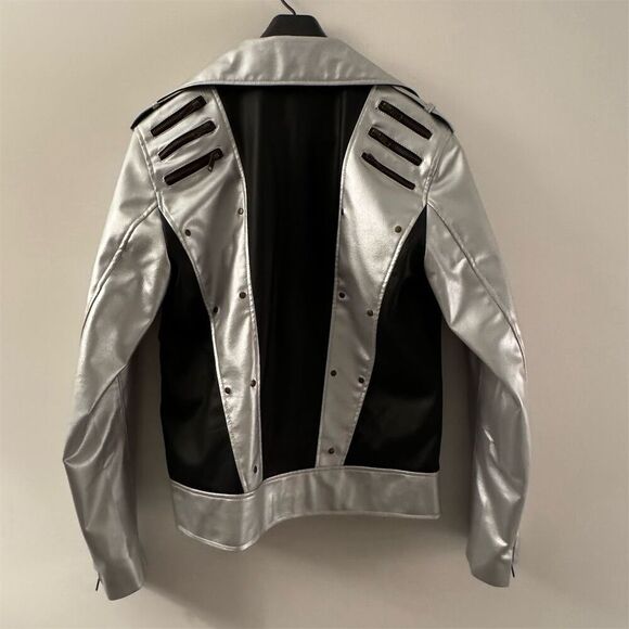 Vintage Leather Silver Black Motorcycle Jacket Unisex S - Picture 2 of 6